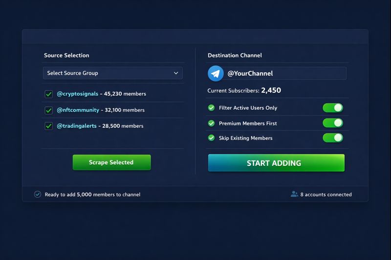 Add member telegram channel interface showing subscriber adding options and channel configuration