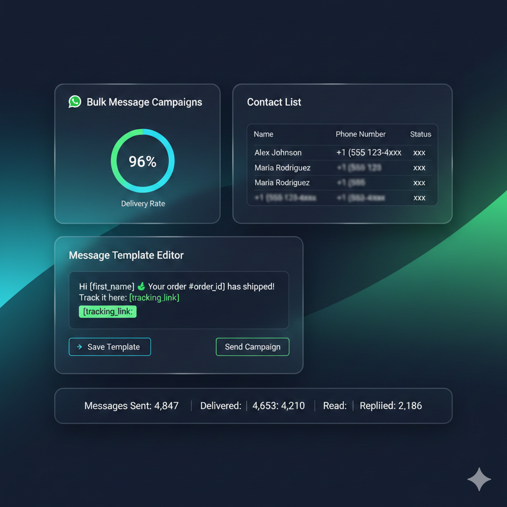 Mass WhatsApp message service dashboard showing bulk message sender campaign analytics and delivery tracking