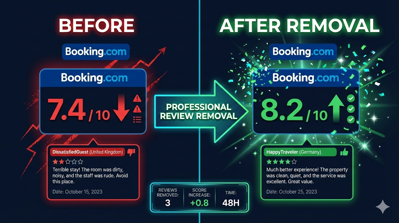 Before and after Booking.com scores showing improvement from 7.4 to 8.2 after professional review removal