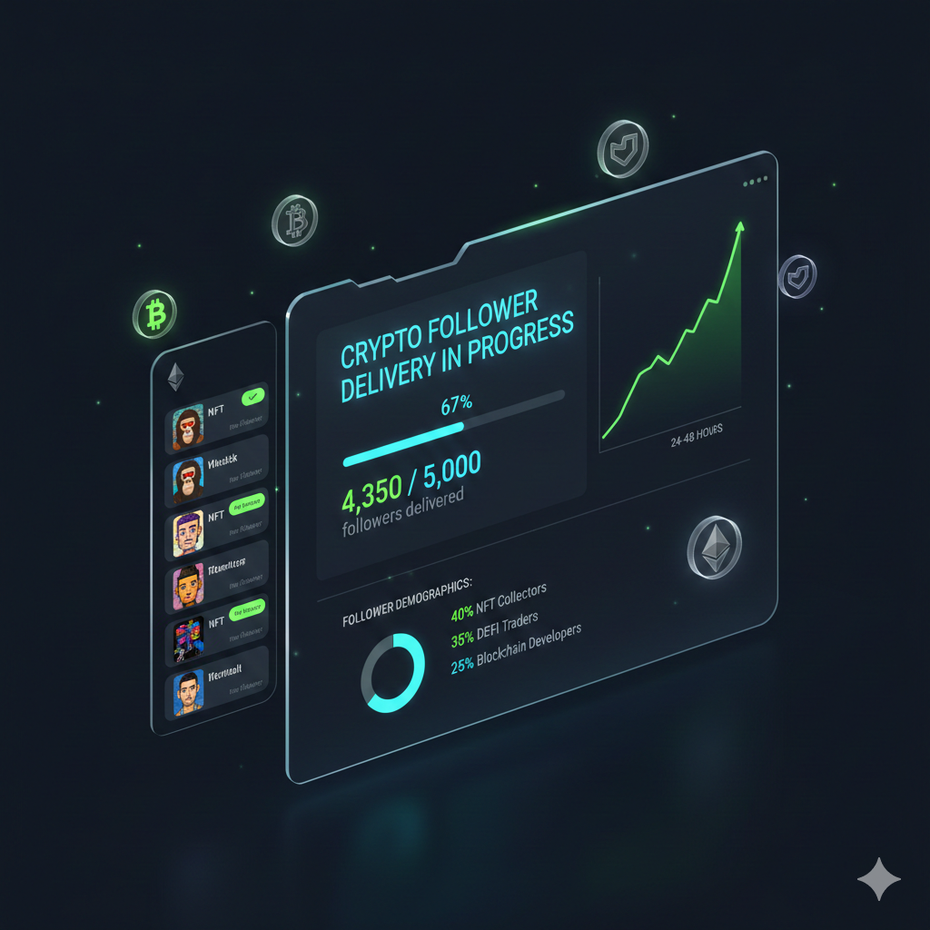 Buy crypto Twitter followers service dashboard showing real-time NFT follower delivery, blockchain community analytics, and Web3 engagement metrics for cryptocurrency projects