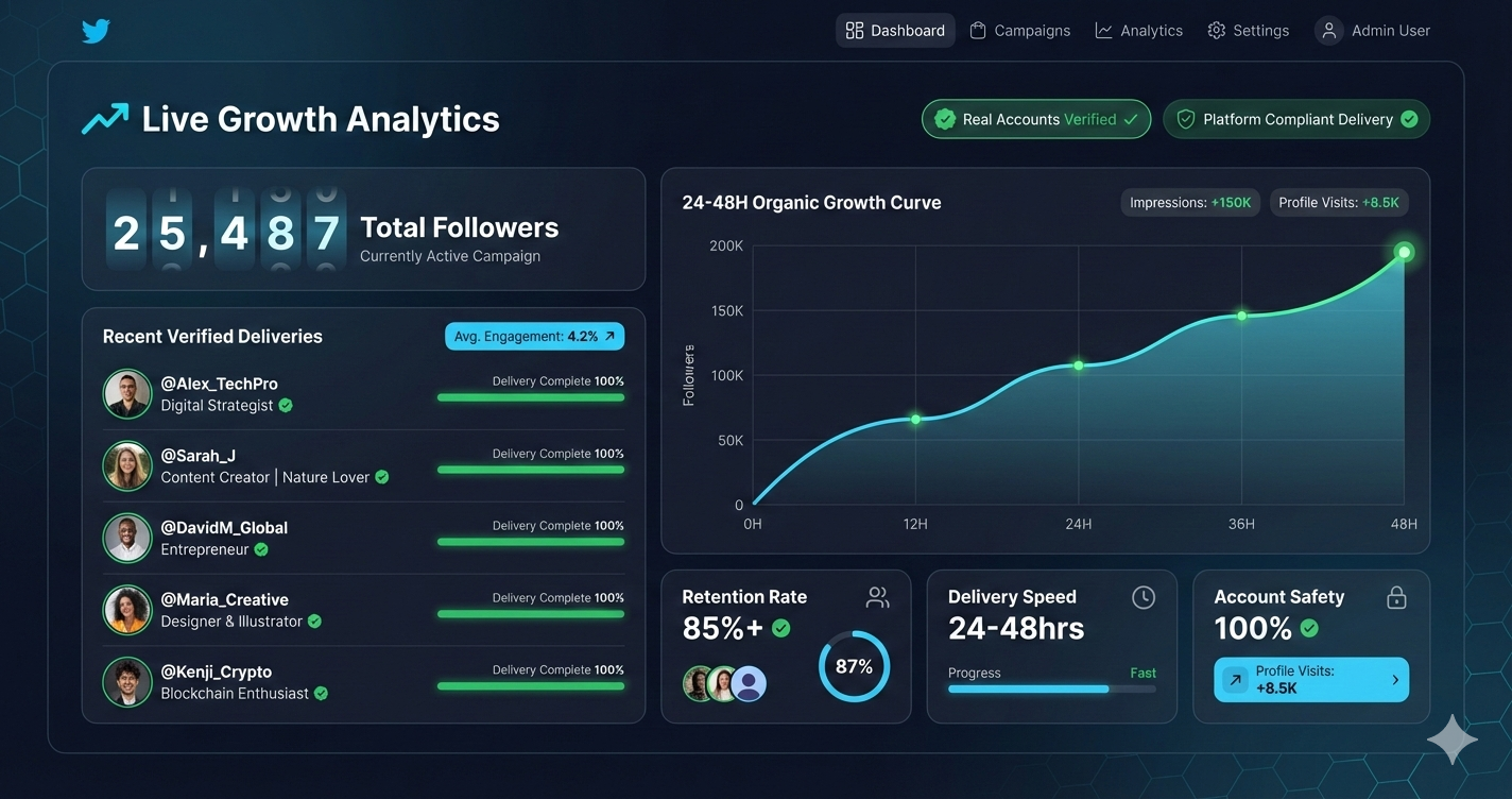 Buy real Twitter followers service dashboard showing authentic follower delivery, engagement analytics, and social proof metrics for businesses and influencers