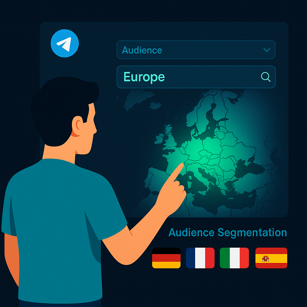 Regional targeting UI for EU Telegram member add service with flags and filters