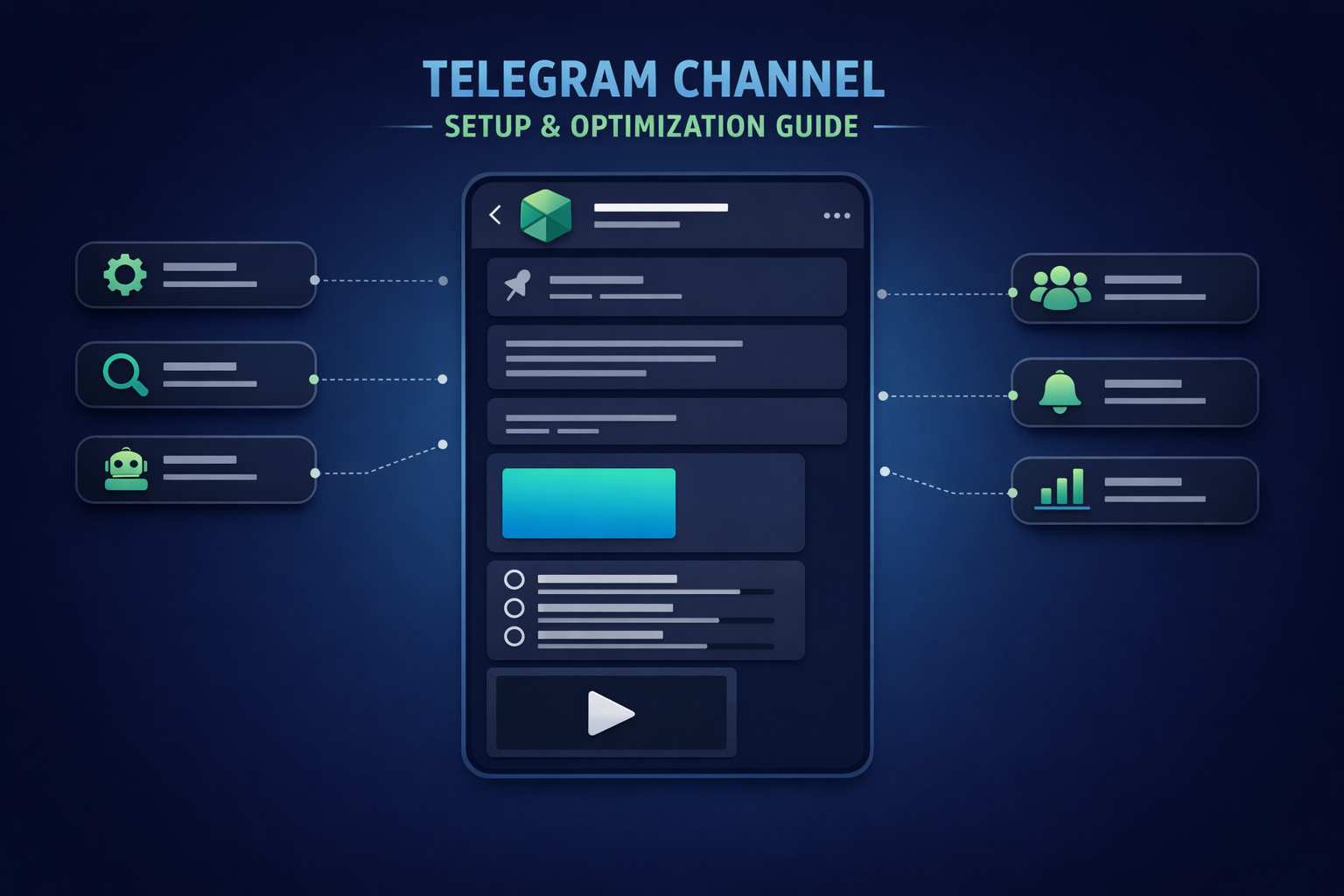 Campaign telegram channel setup guide showing optimized profile, pinned welcome post, content mix with polls and media, and linked discussion group