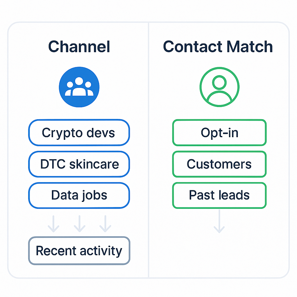 Channel vs contact match diagram: Telegram channel lookalikes vs WhatsApp CRM contacts