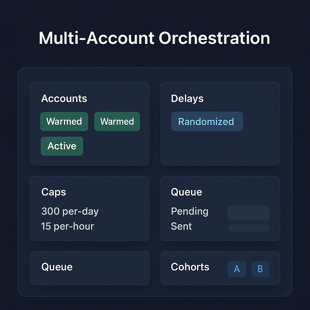 Discord Mass DM account orchestration dashboard with randomized delays and multi-account rotation