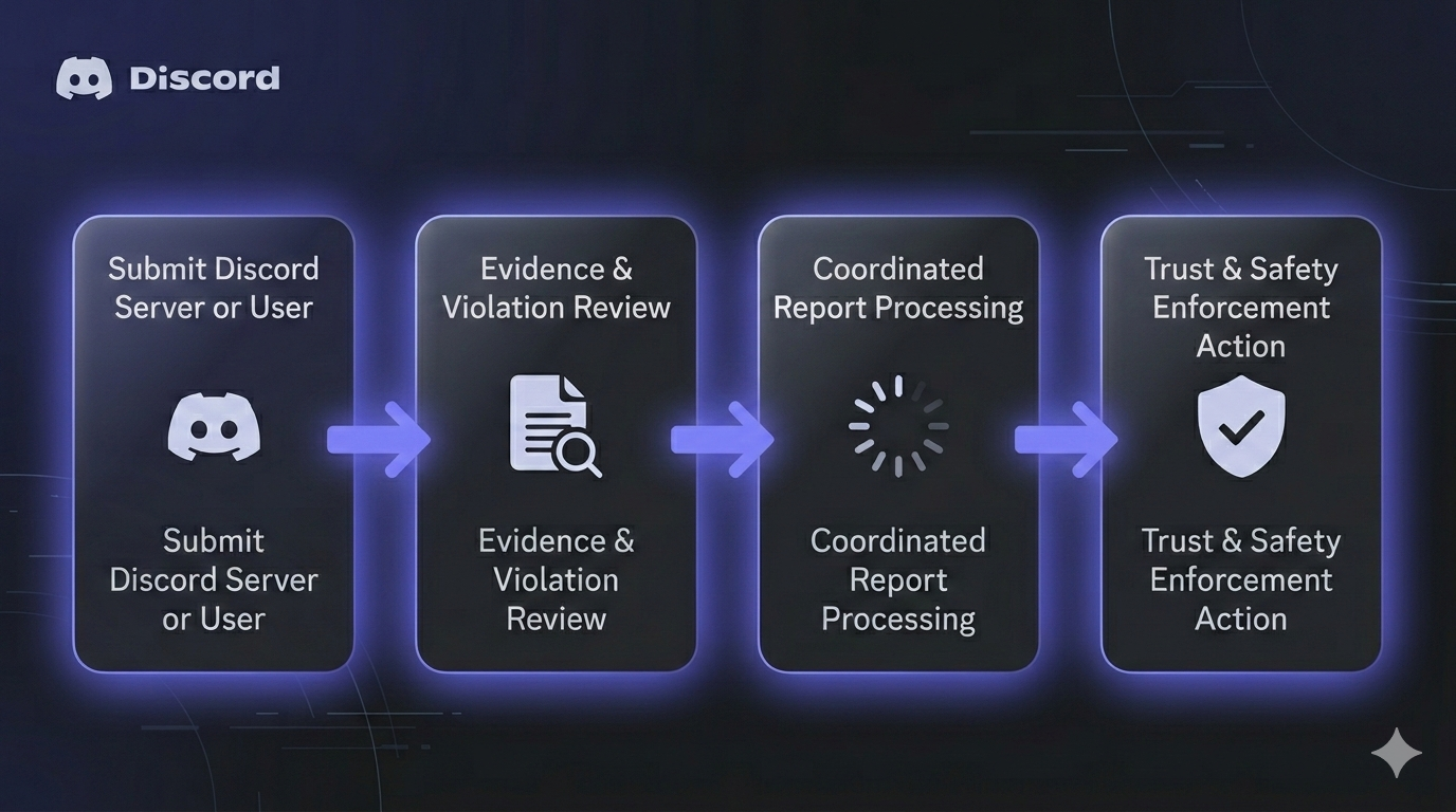 How discord mass report tool works — multi-account coordinated reporting workflow diagram
