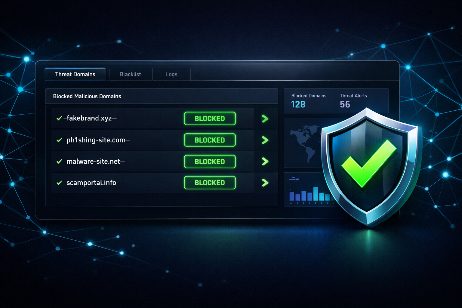 Domain ban service dashboard showing blocked malicious domains and brand protection metrics