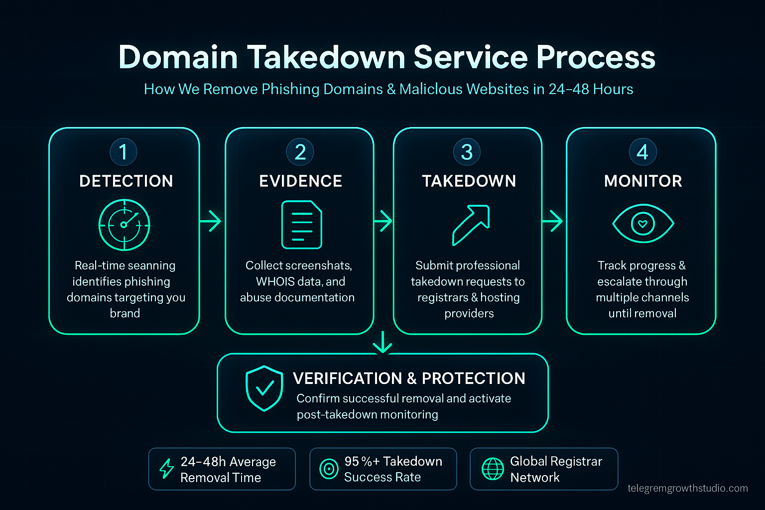 Domain takedown service process showing detection, evidence collection, takedown request submission, and verification steps for removing phishing websites