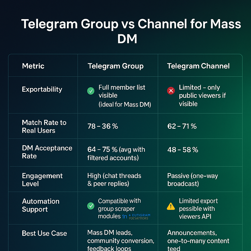 Telegram group vs channel difference table for Mass DM 2025