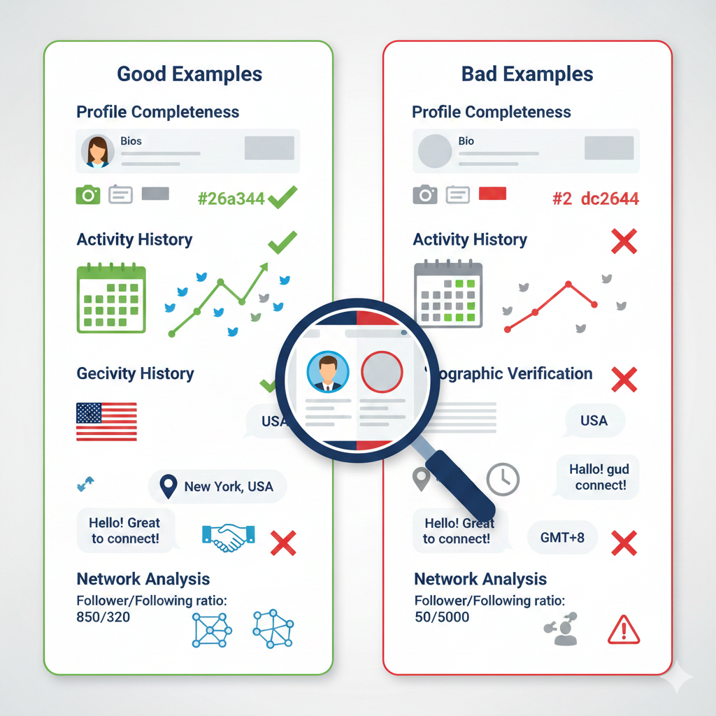 Quality Twitter follower verification checklist showing profile completeness, activity history, geographic verification, and network analysis indicators