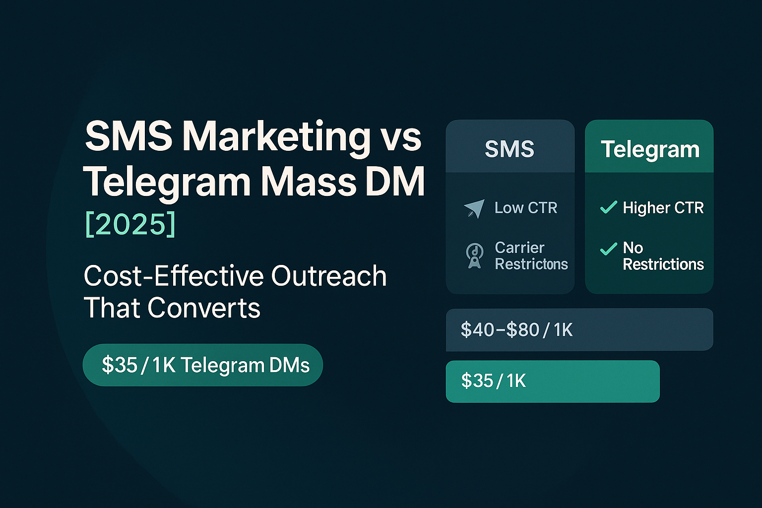 SMS marketing vs Telegram Mass DM hero graphic showing cost-effective outreach in 2025