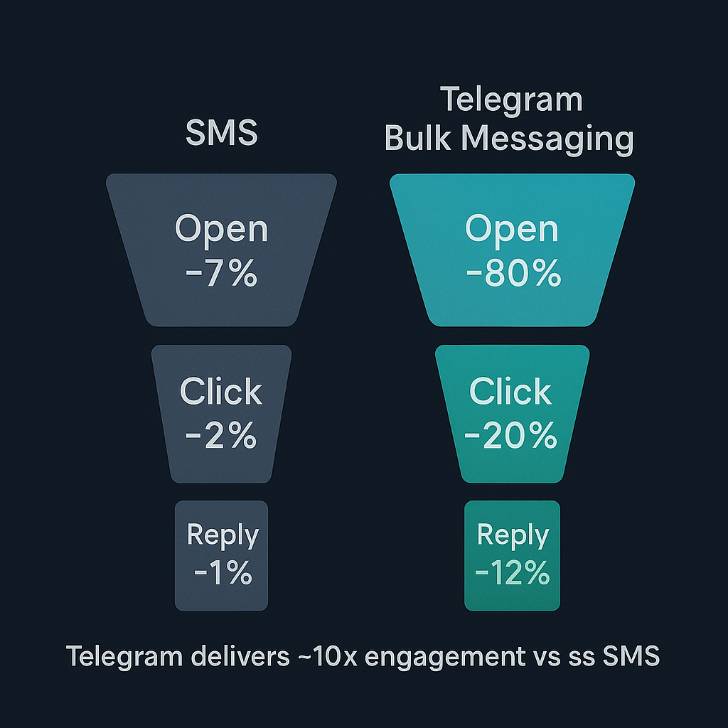 SMS vs Telegram Bulk Messaging engagement funnel 2025 — open rate, click rate, reply rate