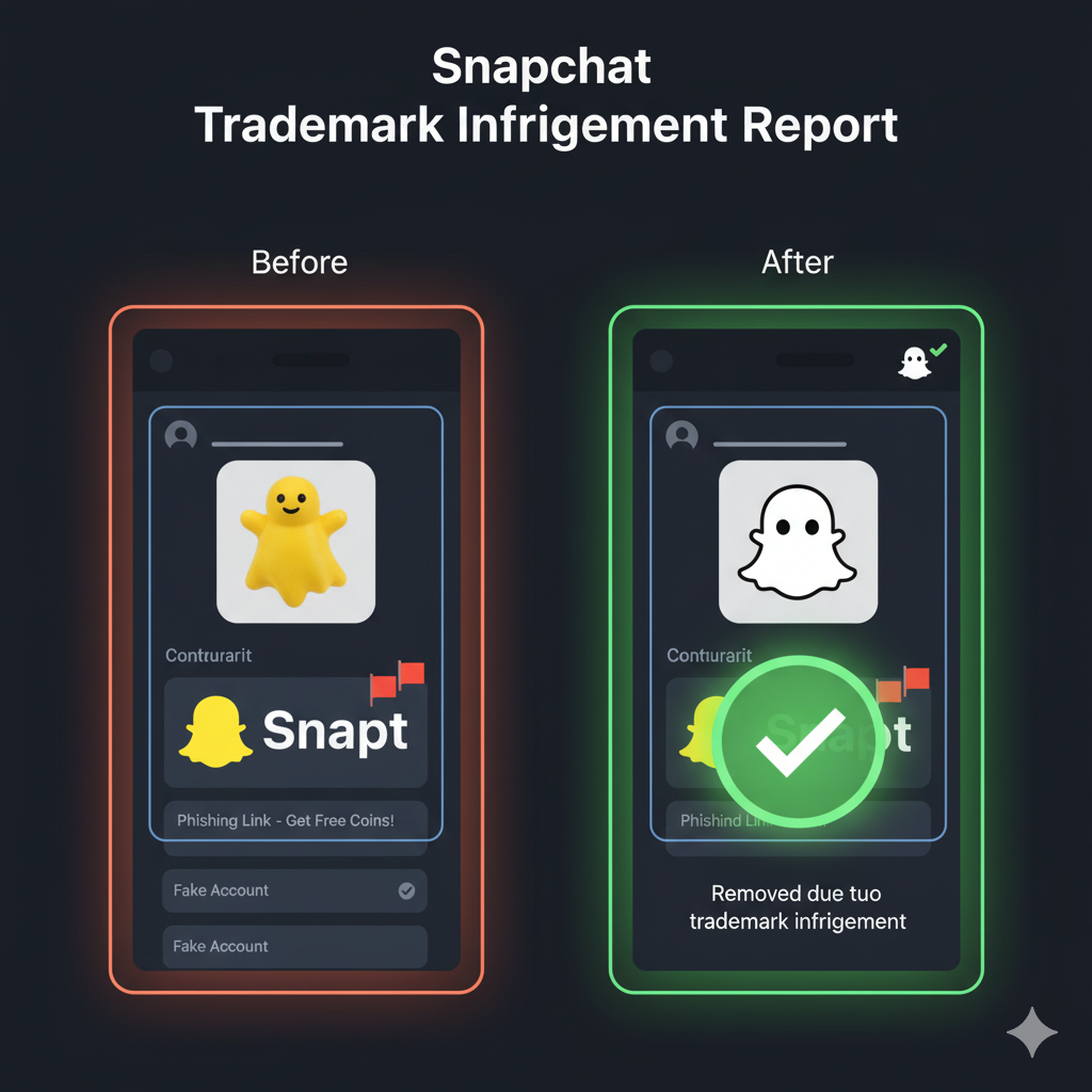 Before and after takedown view for Snapchat trademark enforcement