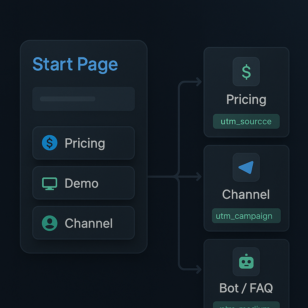 telegram business start page funnel with segmented CTAs