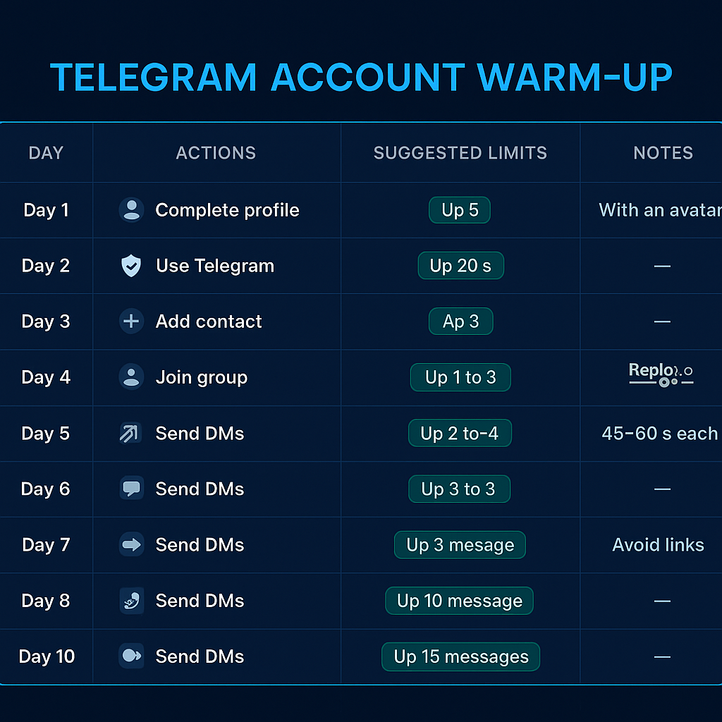 Telegram account warmup schedule calendar