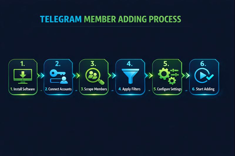 How to add member to telegram group process flowchart showing scraping, filtering, and adding steps