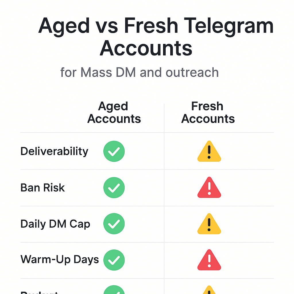 Aged vs Fresh Telegram Accounts comparison table for Mass DM and outreach