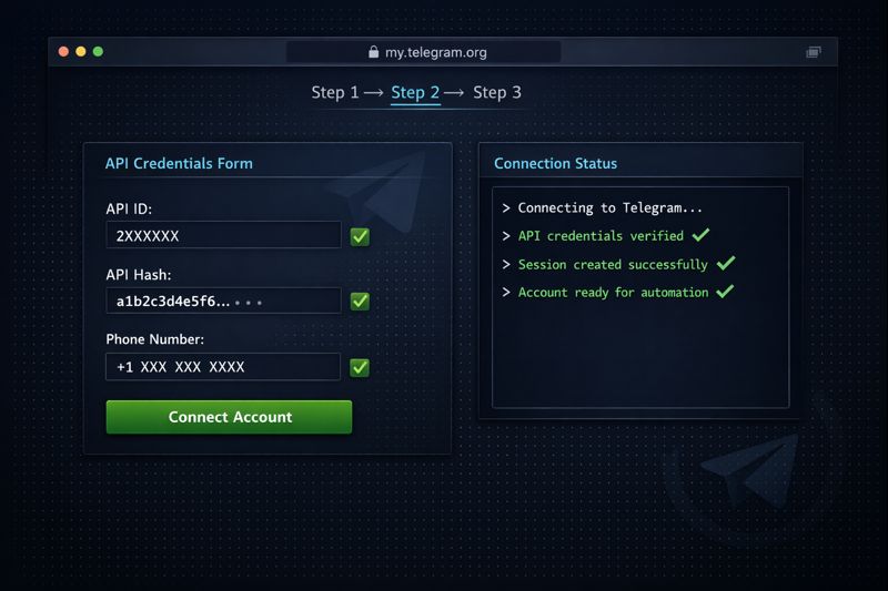 Telegram API credentials setup for member adder software showing API ID and Hash configuration