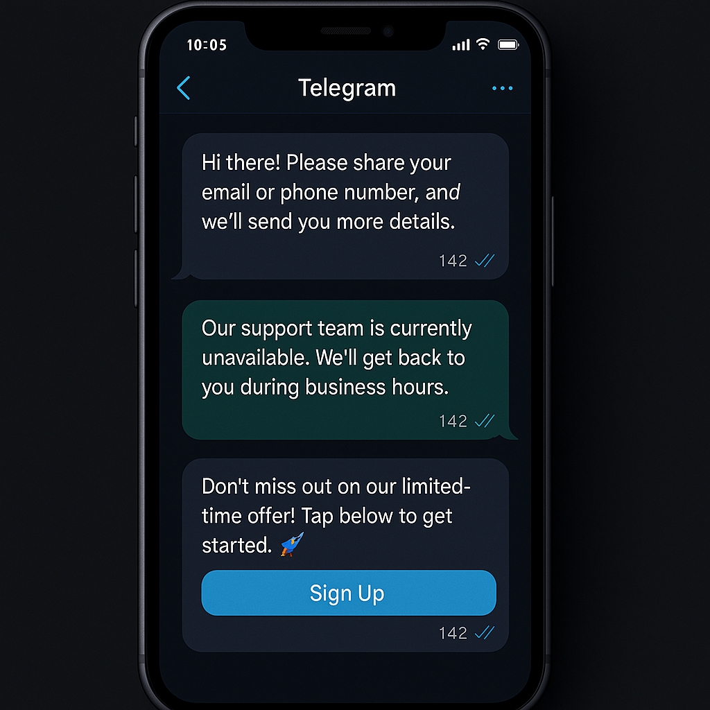 Telegram auto reply examples and templates displayed on a phone mockup