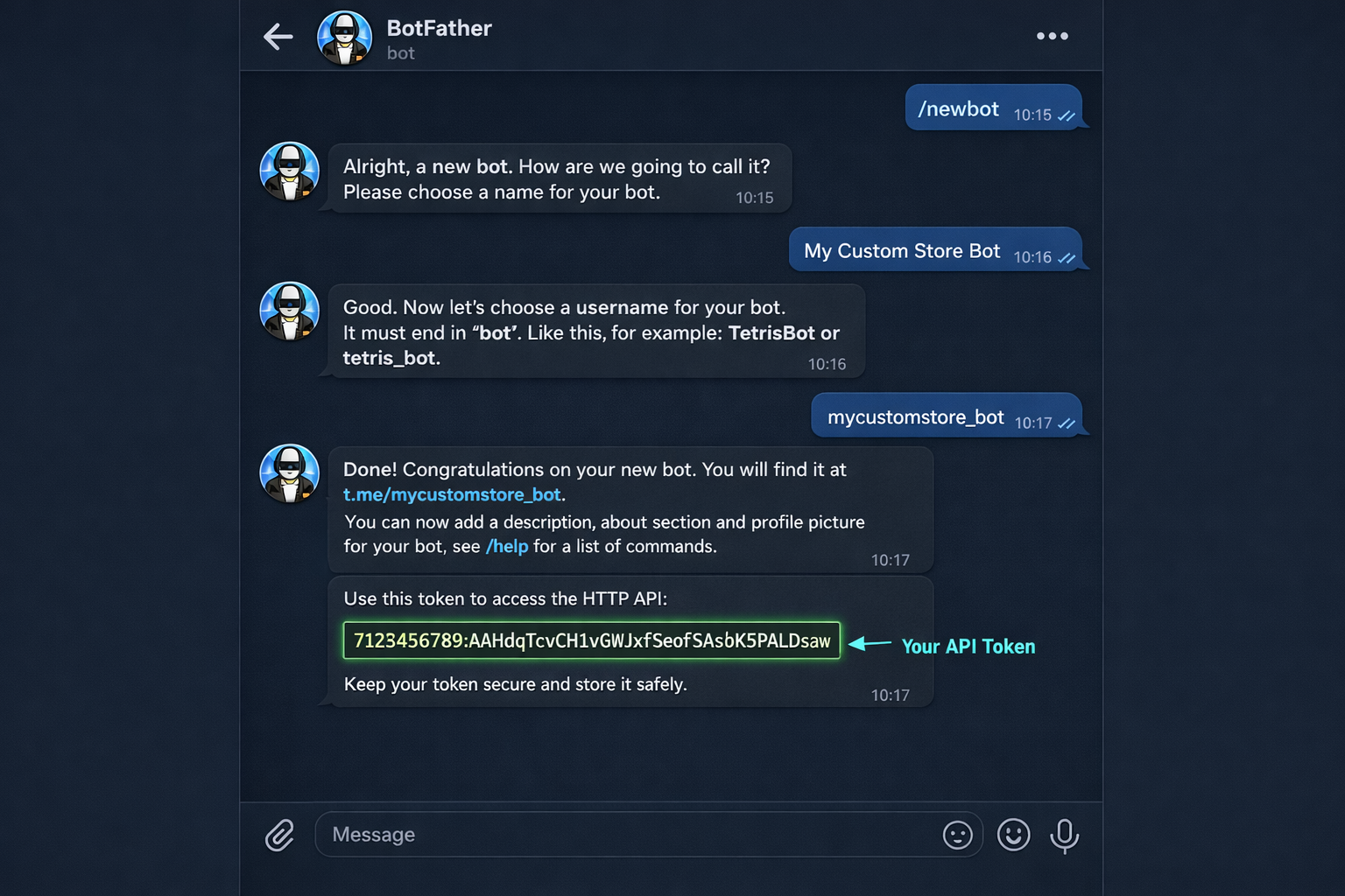 BotFather chat screenshot showing the /newbot command flow to create a Telegram bot and receive an API token