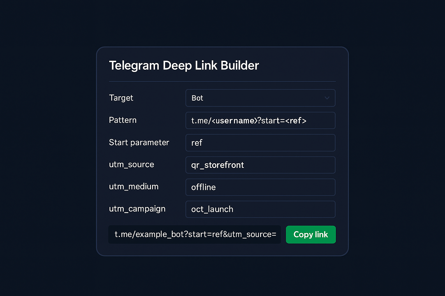 telegram deep links builder with UTM tracking example