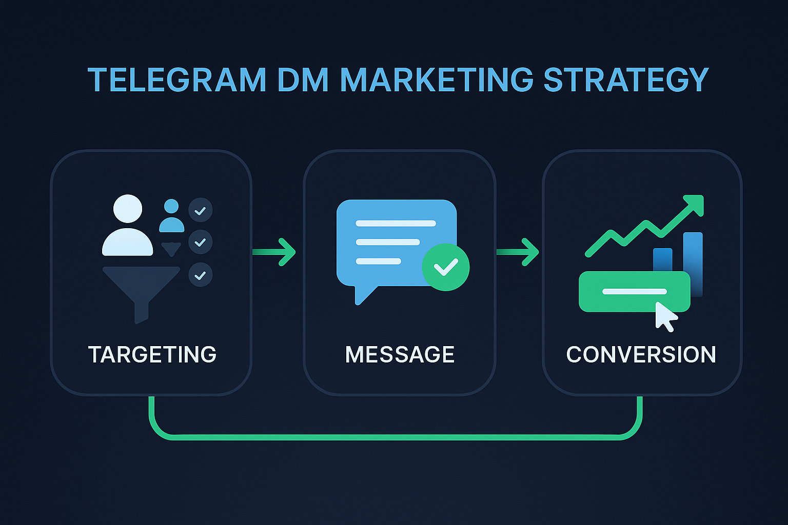 Telegram advertising agency dashboard showing Mass DM campaign analytics, audience targeting filters, and conversion tracking metrics