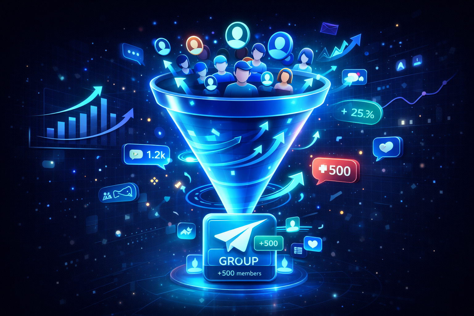 telegram group promotion funnel showing the journey from awareness through cross-promotion and Mass DM to active engaged members