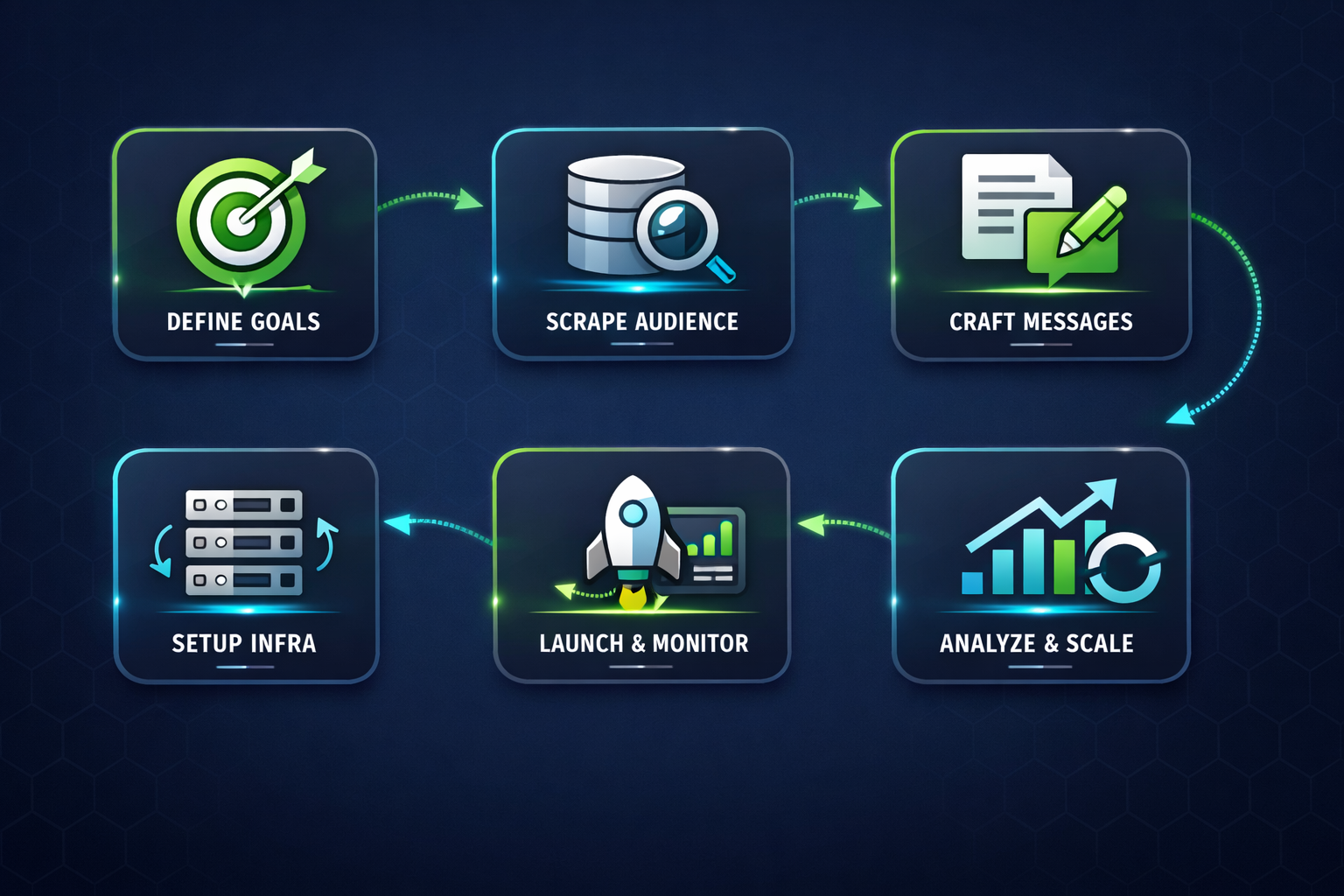 Step-by-step telegram marketing campaign workflow diagram showing audience scraping, message personalization, proxy rotation, and real-time campaign analytics