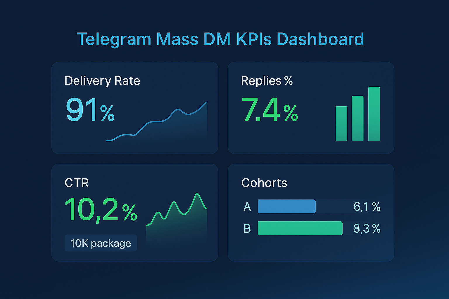 Telegram Mass DM campaign analytics dashboard showing delivery rate, reply rate, click-through rate, and conversion metrics