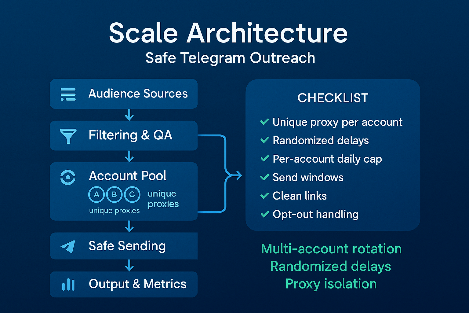 Scale architecture for Telegram Mass DM: multi-account rotation, randomized delays, proxy isolation