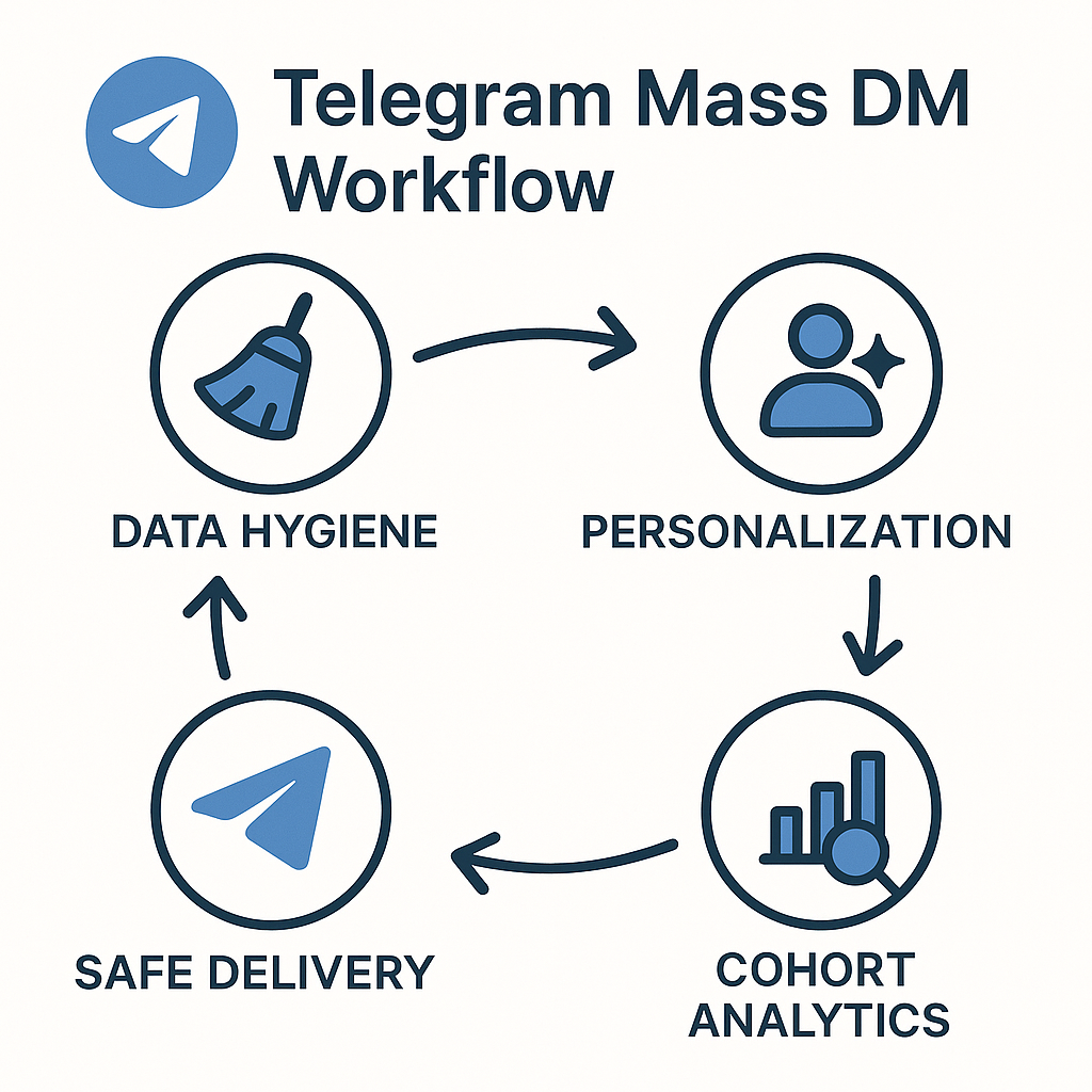 Telegram Mass DM workflow showing scraping, filtering, and sending process