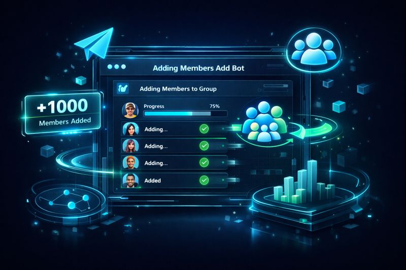 Telegram Member Add Bot dashboard showing automated member adding interface for groups and channels