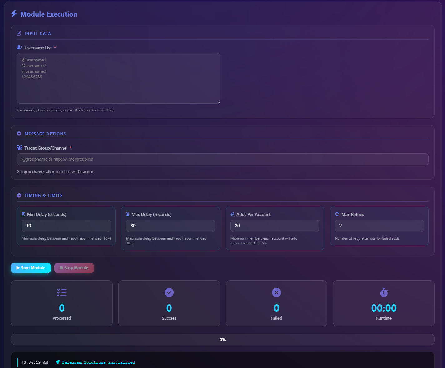 Telegram Member Add Bot software interface showing multi-account management and member adding controls
