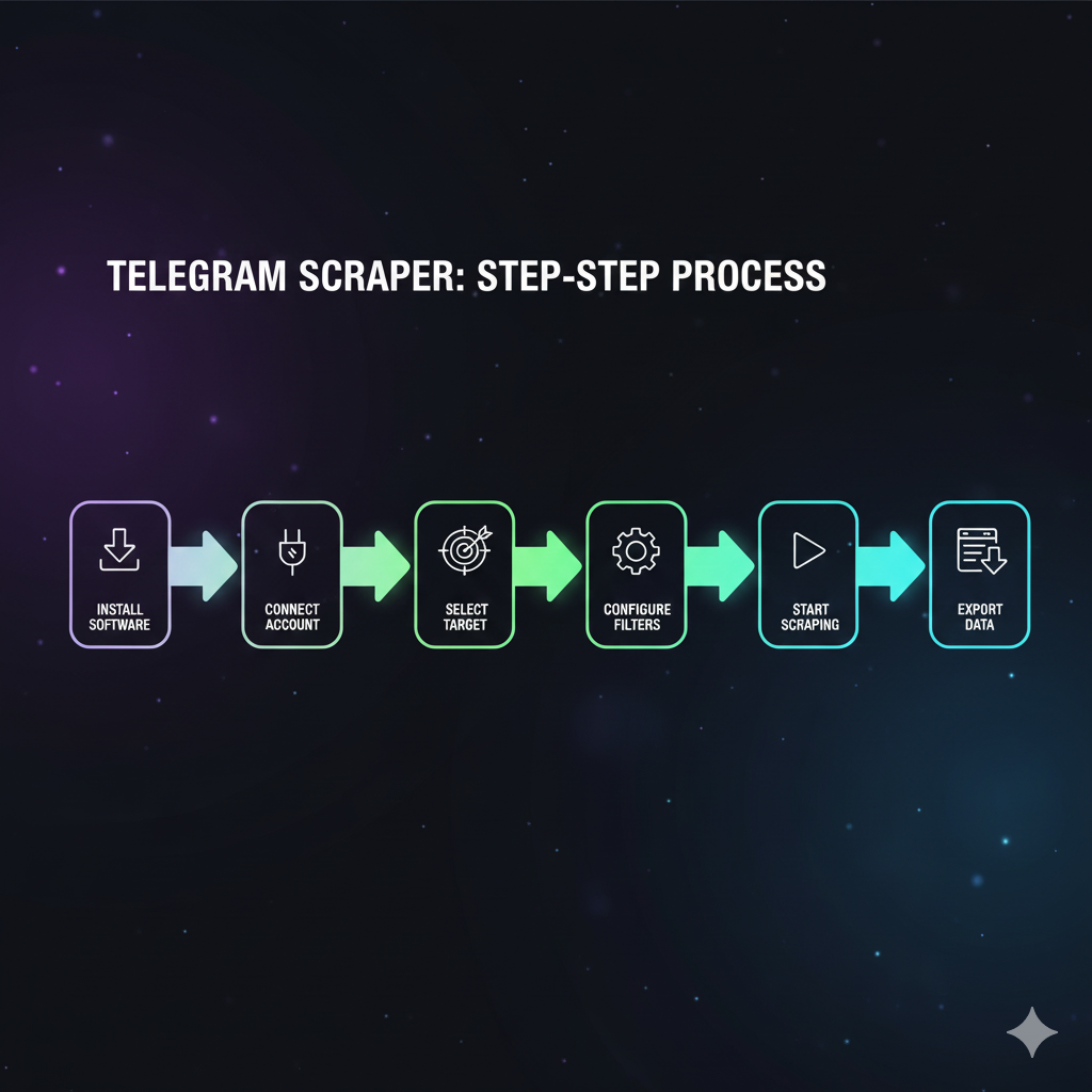 Step by step process flowchart for scraping Telegram group members from installation to data export