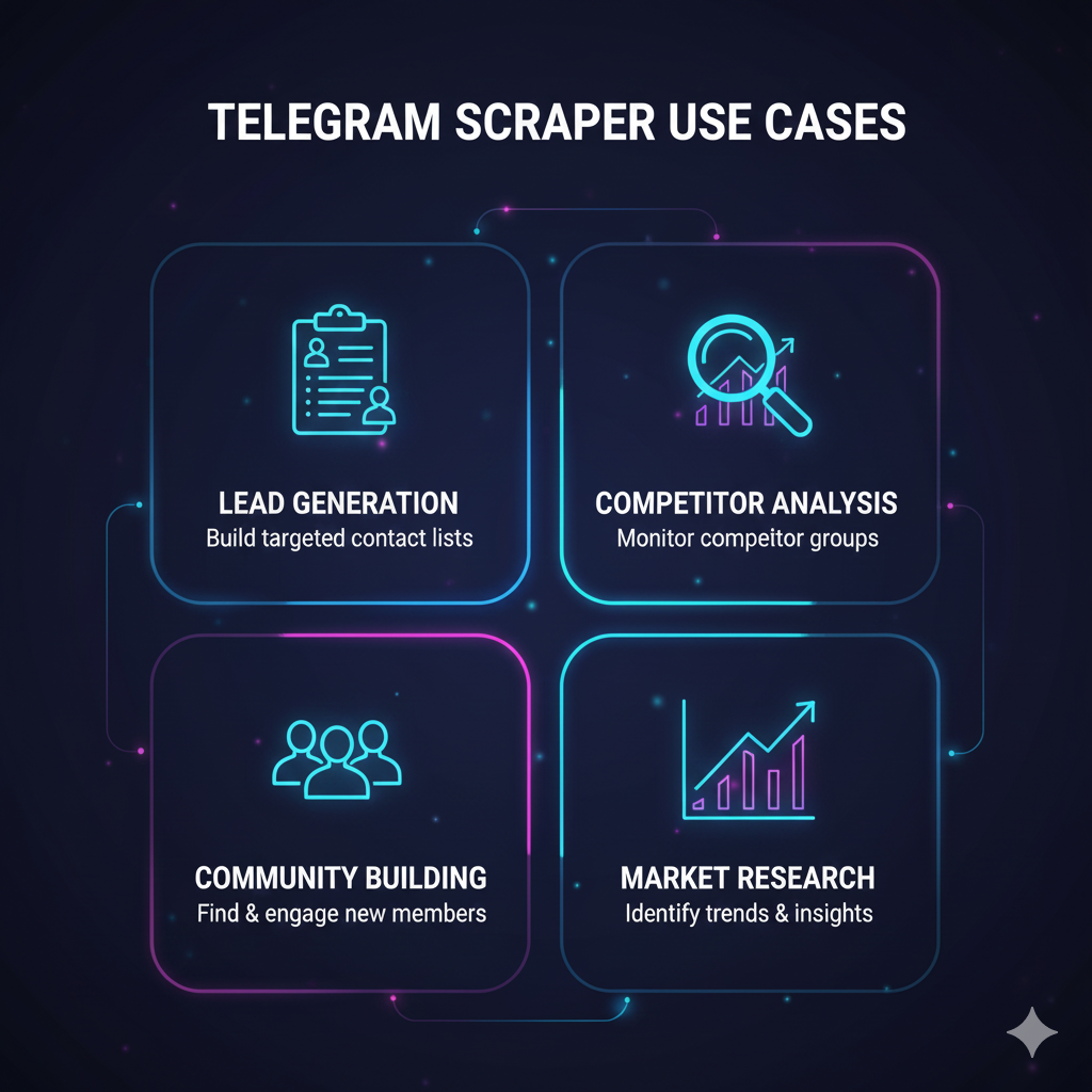 Telegram scraper use cases infographic showing lead generation, competitor analysis, and community building benefits