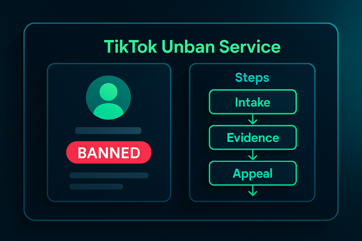 Dashboard illustration of TikTok unban service workflow for a banned creator account