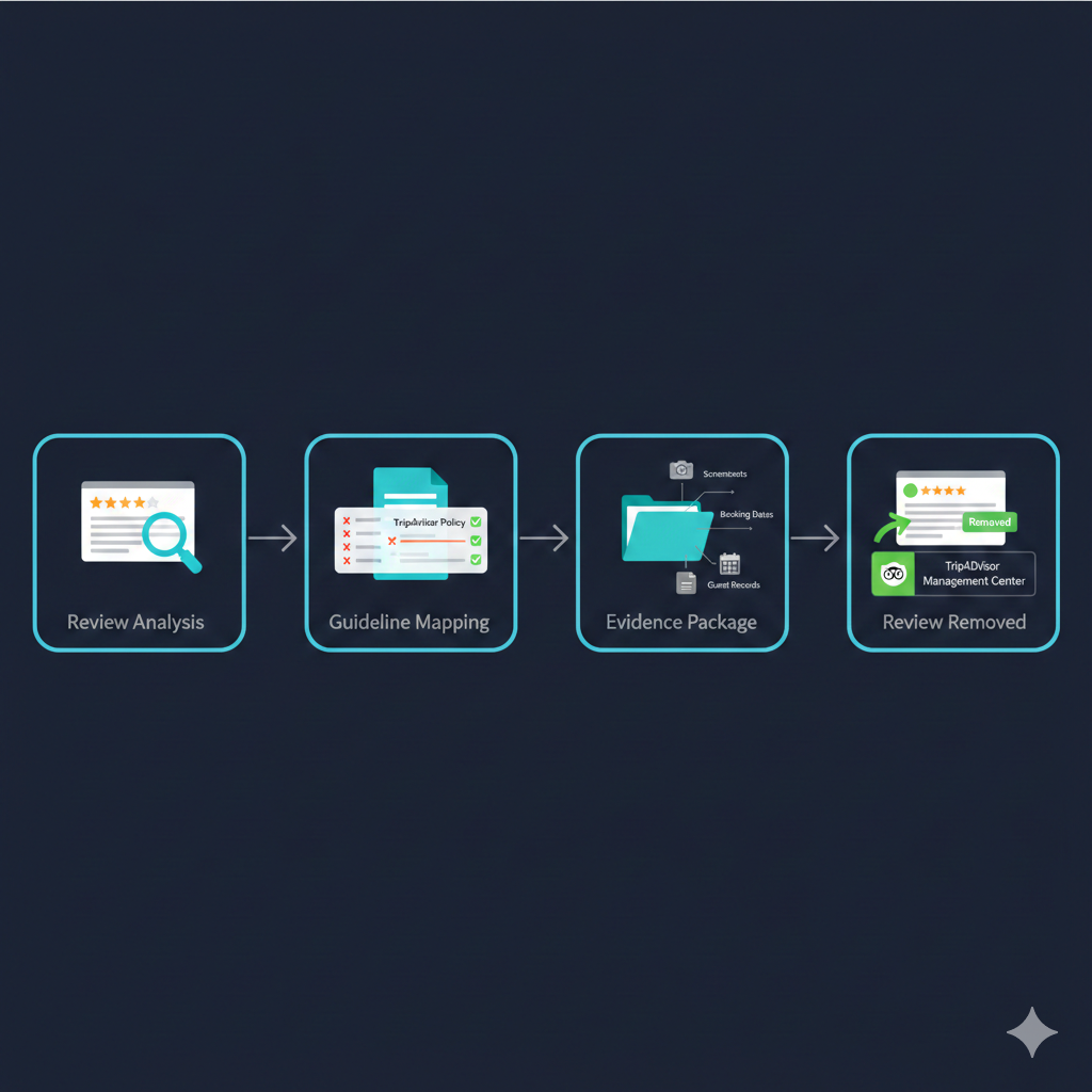 Step-by-step process showing how to delete a review on TripAdvisor through the Management Center interface