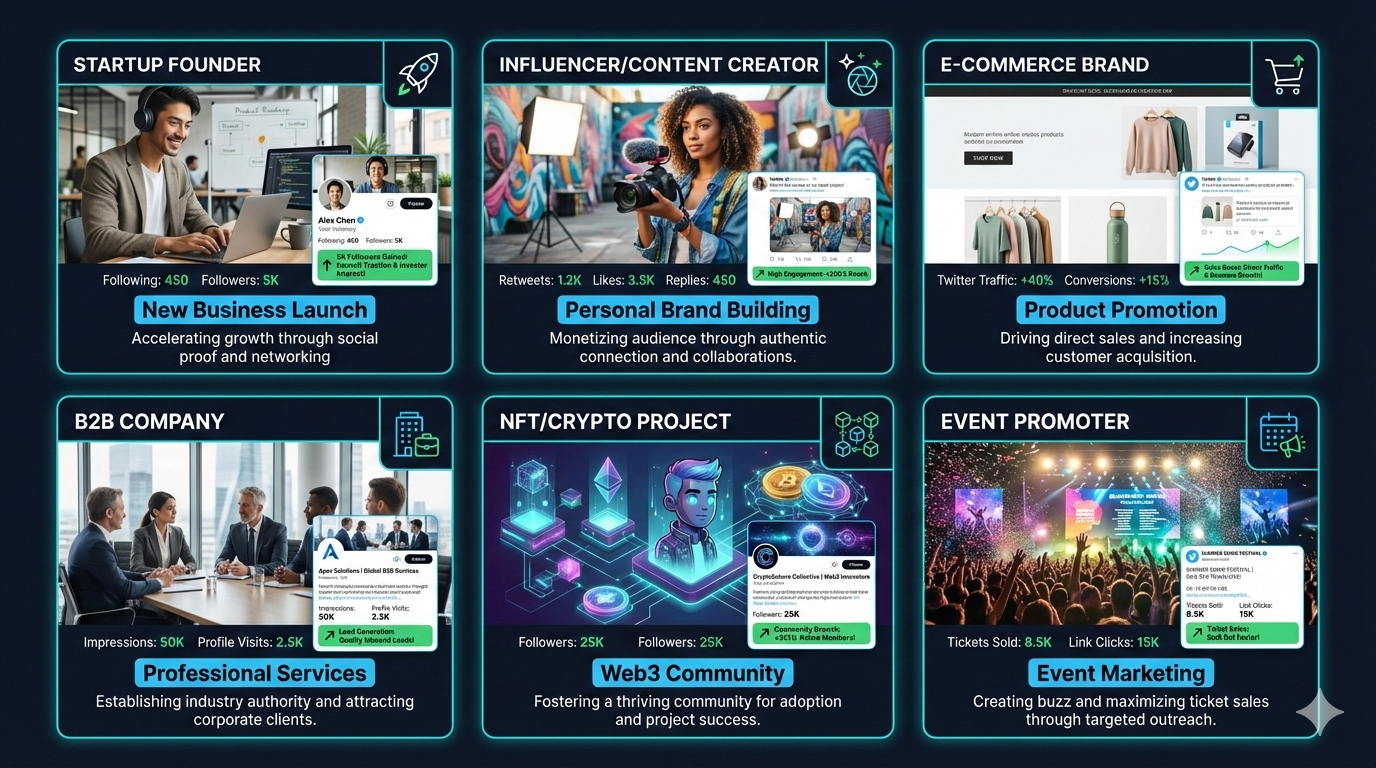 Various business types benefiting from real Twitter follower growth including startups and influencers