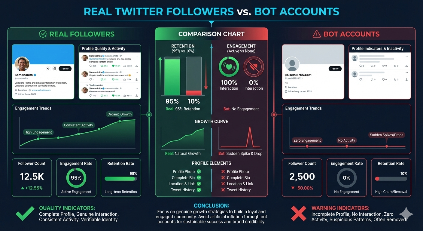 Comparison chart showing real followers vs bot accounts with engagement metrics and retention rates