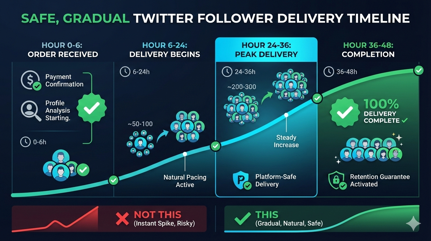 Buy real Twitter followers delivery timeline showing safe 24-48 hour gradual pacing, organic growth curve, platform-compliant delivery, and retention guarantee coverage