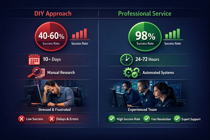 Comparison chart showing professional website takedown service versus DIY approach with success rates and timeframes