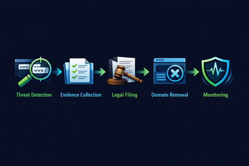 Website takedown service workflow showing detection, evidence collection, legal filing, and domain removal process