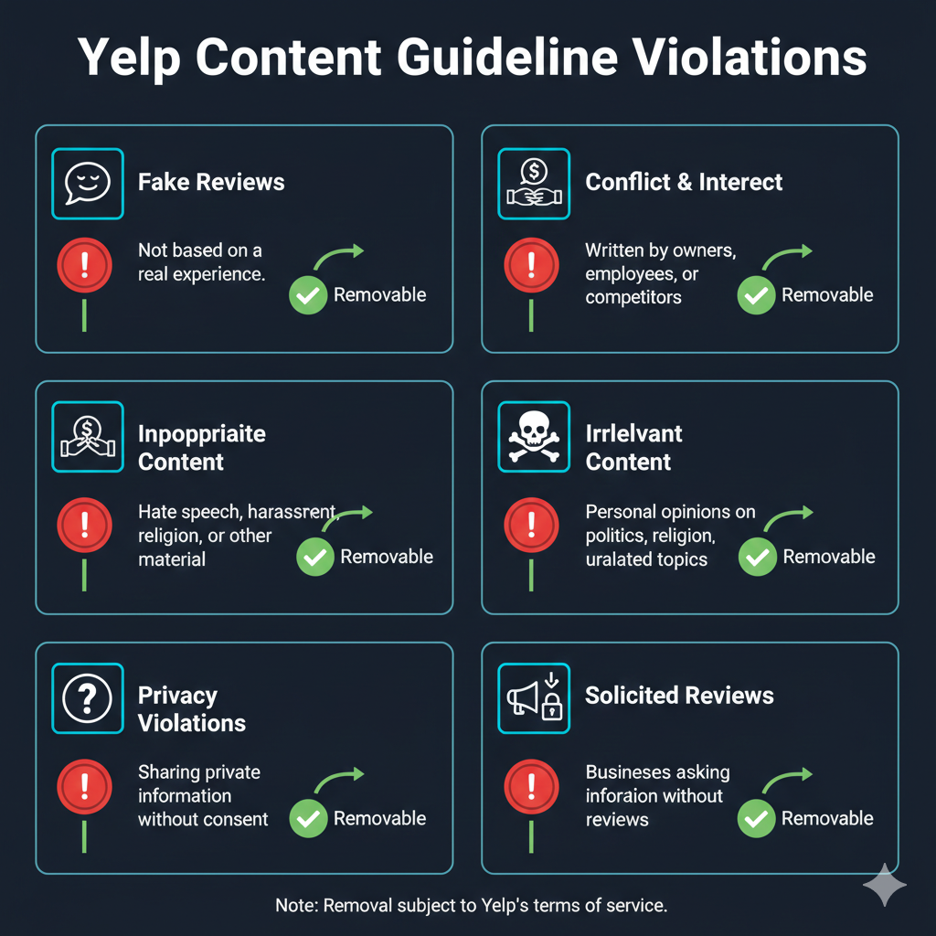 Infographic showing types of Yelp content guidelines violations that qualify for review removal