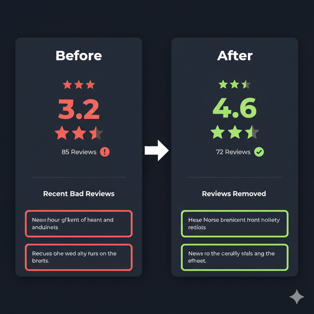 Before and after showing Yelp business rating improvement after bad reviews were removed