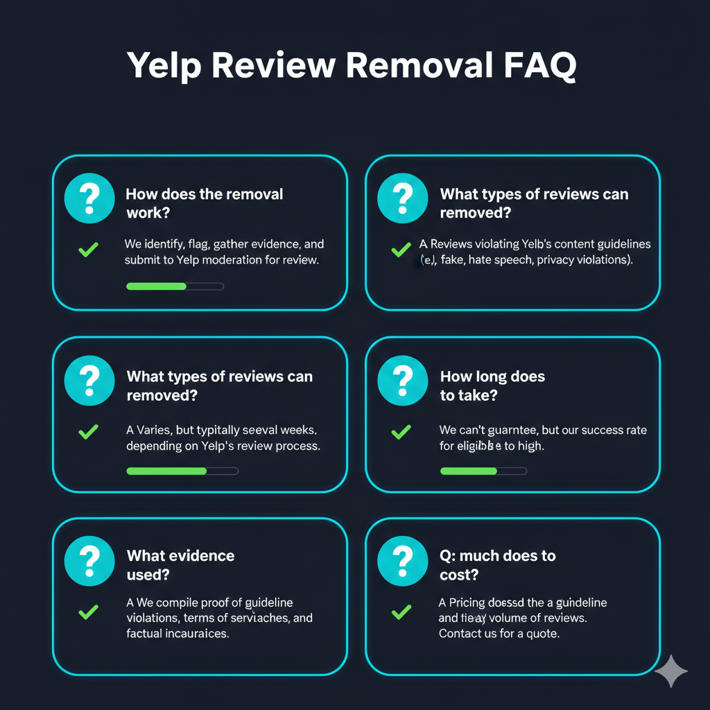 FAQ section covering common questions about how to delete and remove Yelp reviews
