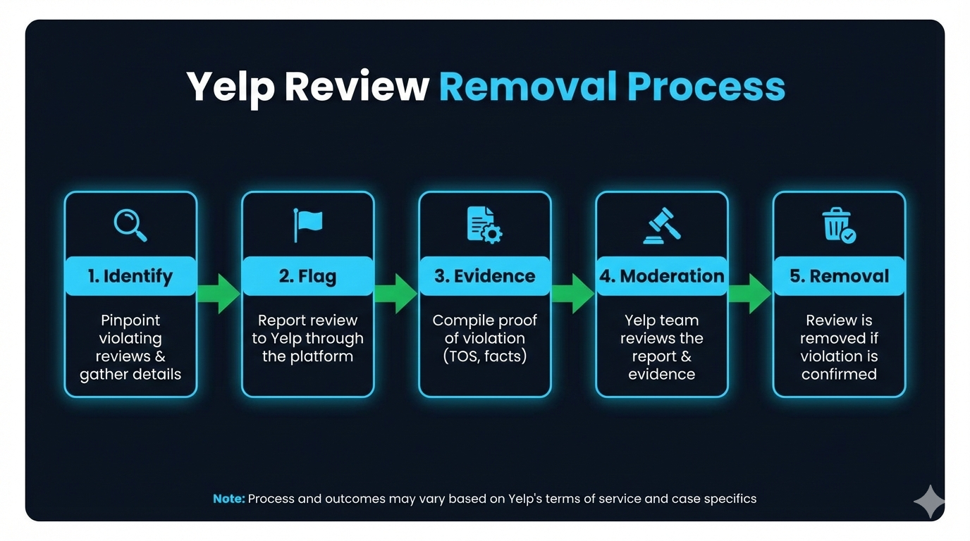 Diagram showing the Yelp review removal process from flagging to deletion