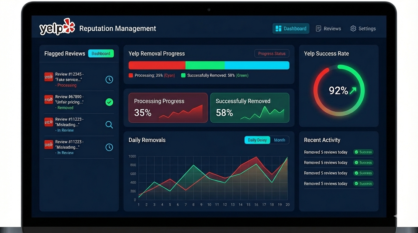 Yelp review removal service dashboard showing flagged reviews being processed for deletion by professional reputation management team