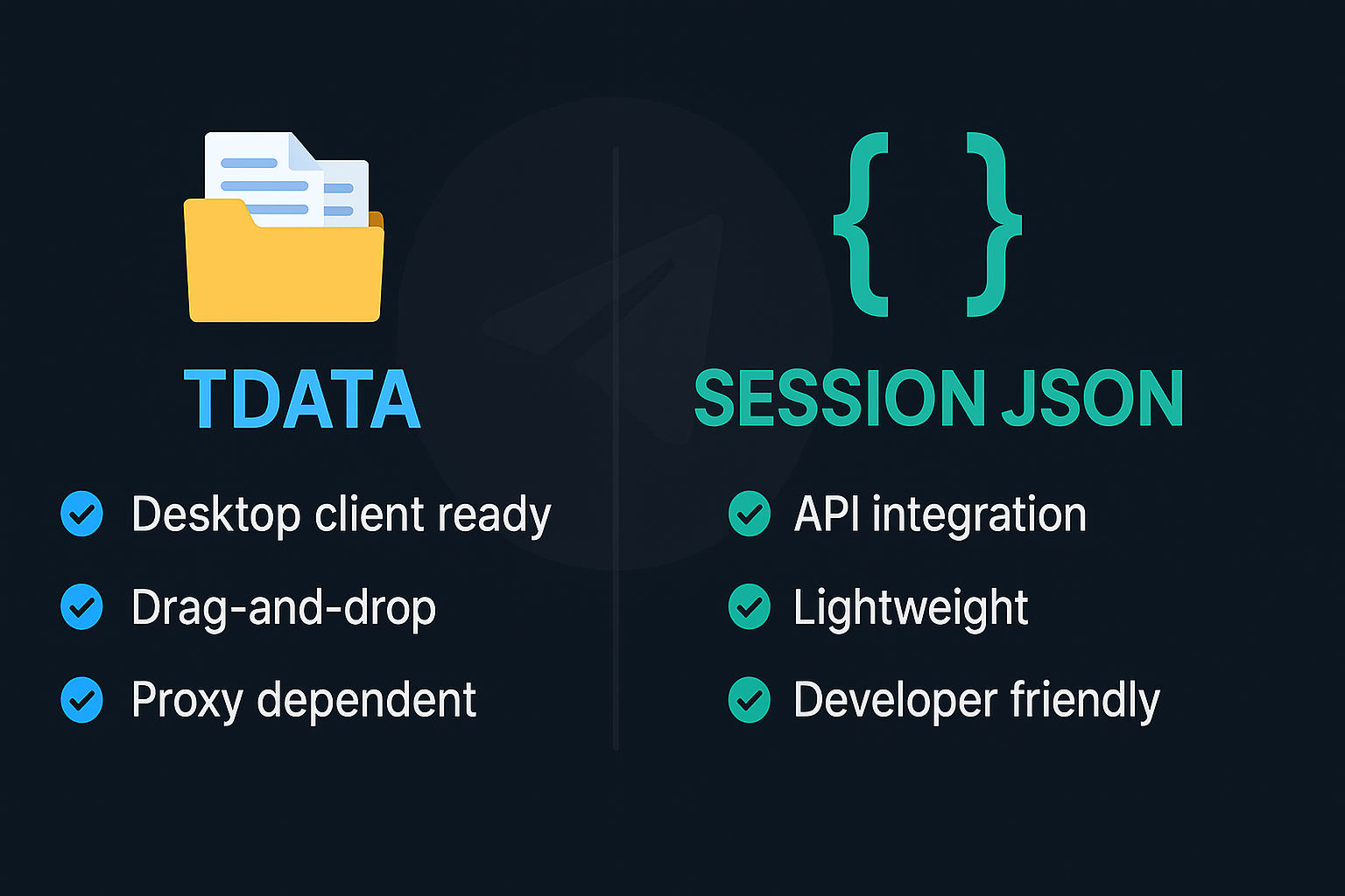 Telegram accounts formats — TDATA vs session JSON comparison